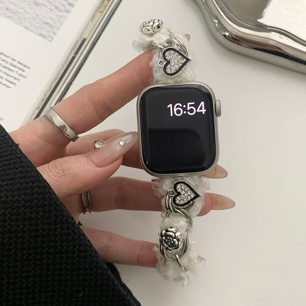 For Apple Watch Series 9 8 7 41mm / 6 5 4 SE (2022) SE (2023) SE 40mm / 3 2 1 38mm Adjustable Plush Watch Strap - Black+Silver For Apple Watch Series 9 8 7 41mm / 6 5 4 SE (2022) SE (2023) SE 40mm / 3 2 1 38mm Adjustable Plush Watch Strap - Black+Silver